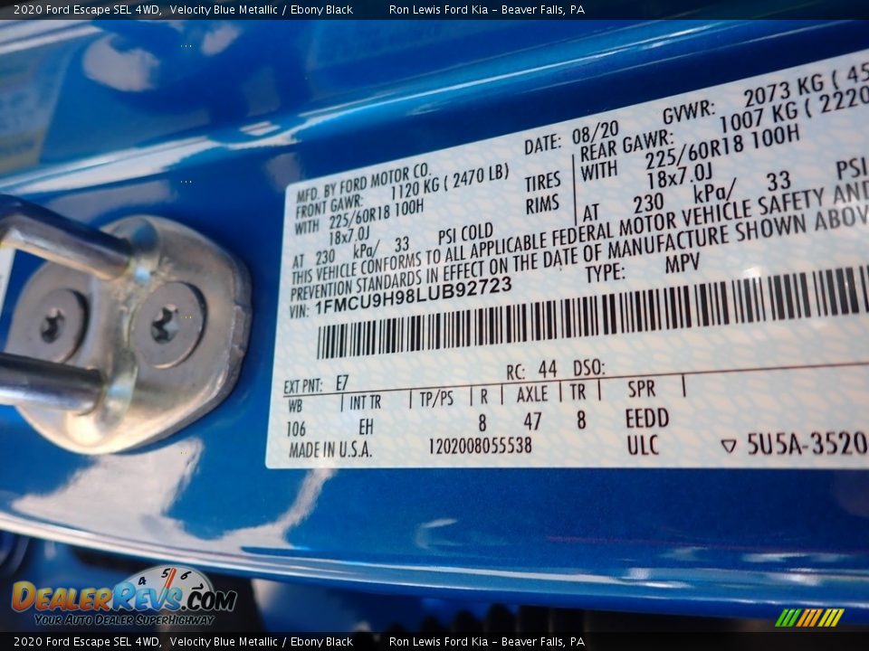 2020 Ford Escape SEL 4WD Velocity Blue Metallic / Ebony Black Photo #16