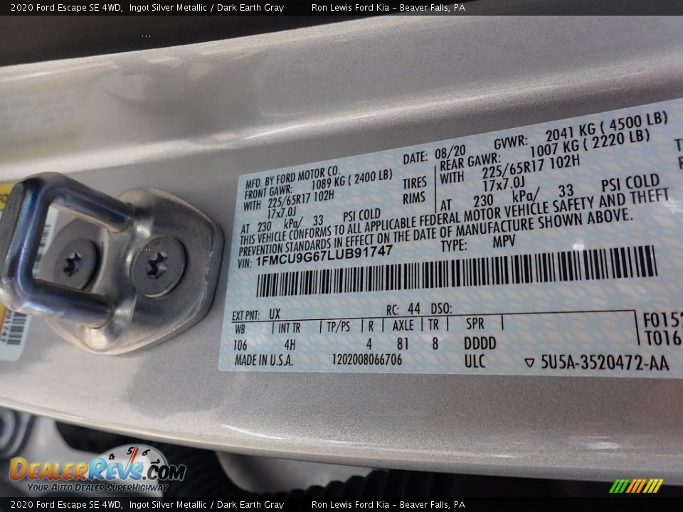 2020 Ford Escape SE 4WD Ingot Silver Metallic / Dark Earth Gray Photo #16