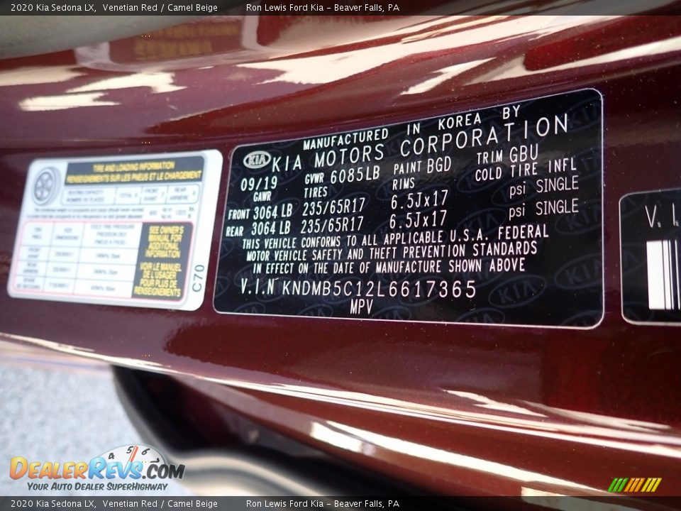 2020 Kia Sedona LX Venetian Red / Camel Beige Photo #14