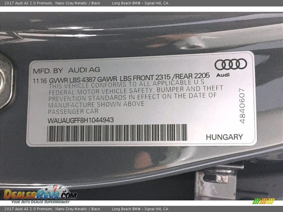 2017 Audi A3 2.0 Premium Nano Gray Metallic / Black Photo #36