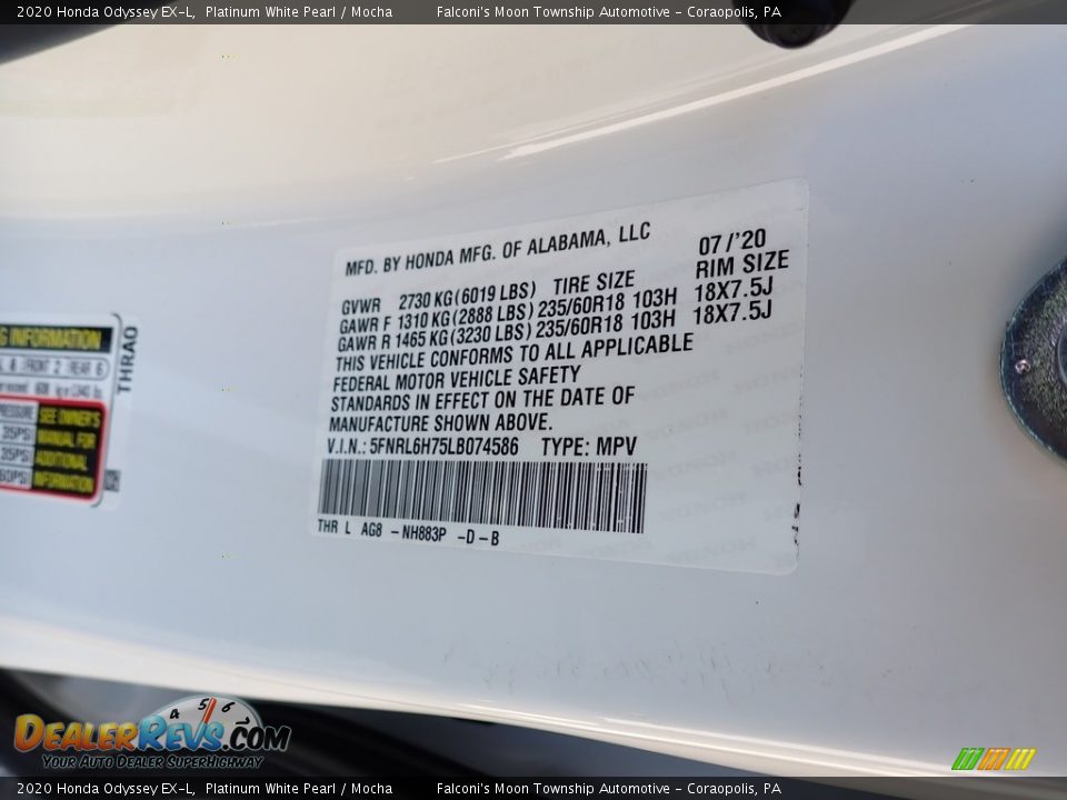 2020 Honda Odyssey EX-L Platinum White Pearl / Mocha Photo #12