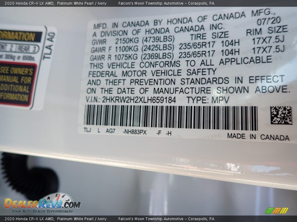 2020 Honda CR-V LX AWD Platinum White Pearl / Ivory Photo #14