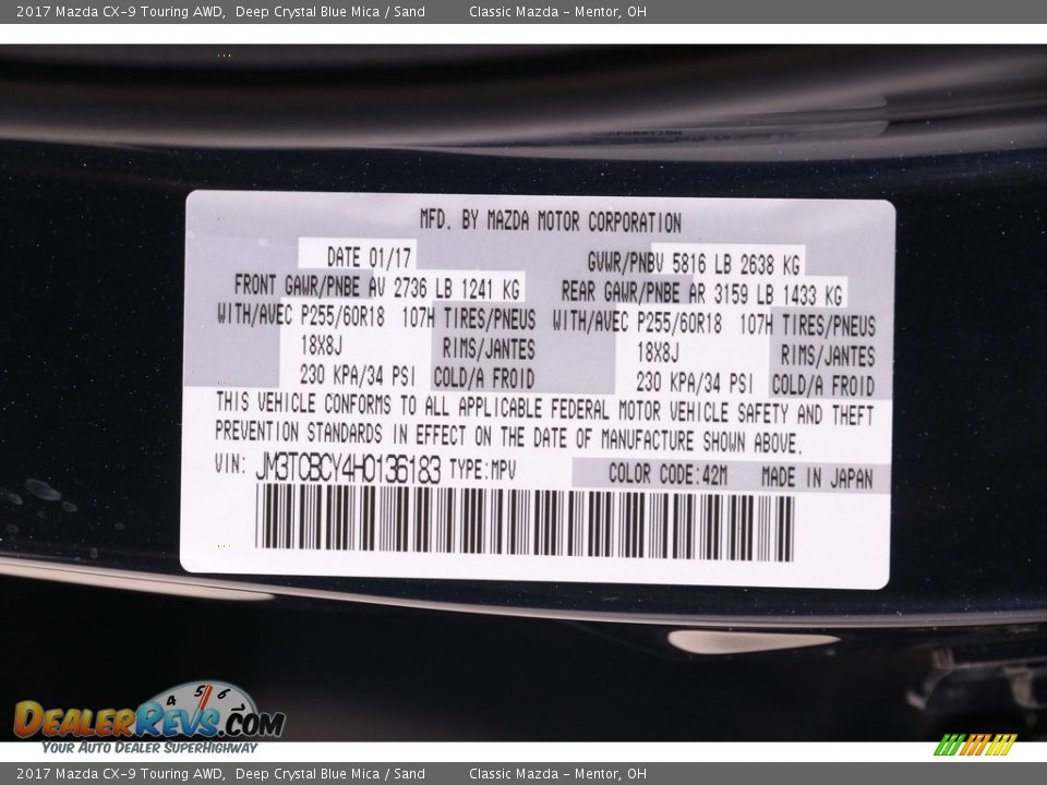 2017 Mazda CX-9 Touring AWD Deep Crystal Blue Mica / Sand Photo #21