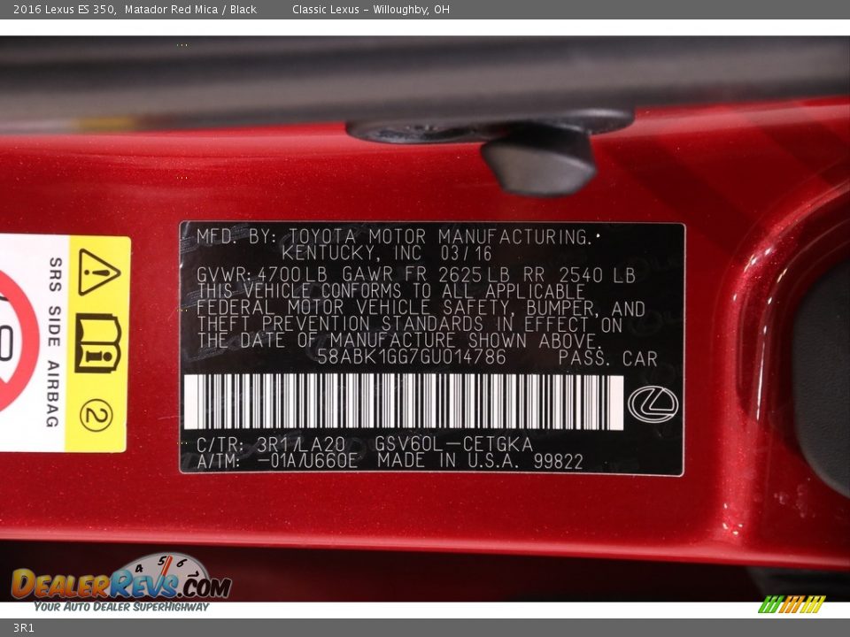 Lexus Color Code 3R1 Matador Red Mica