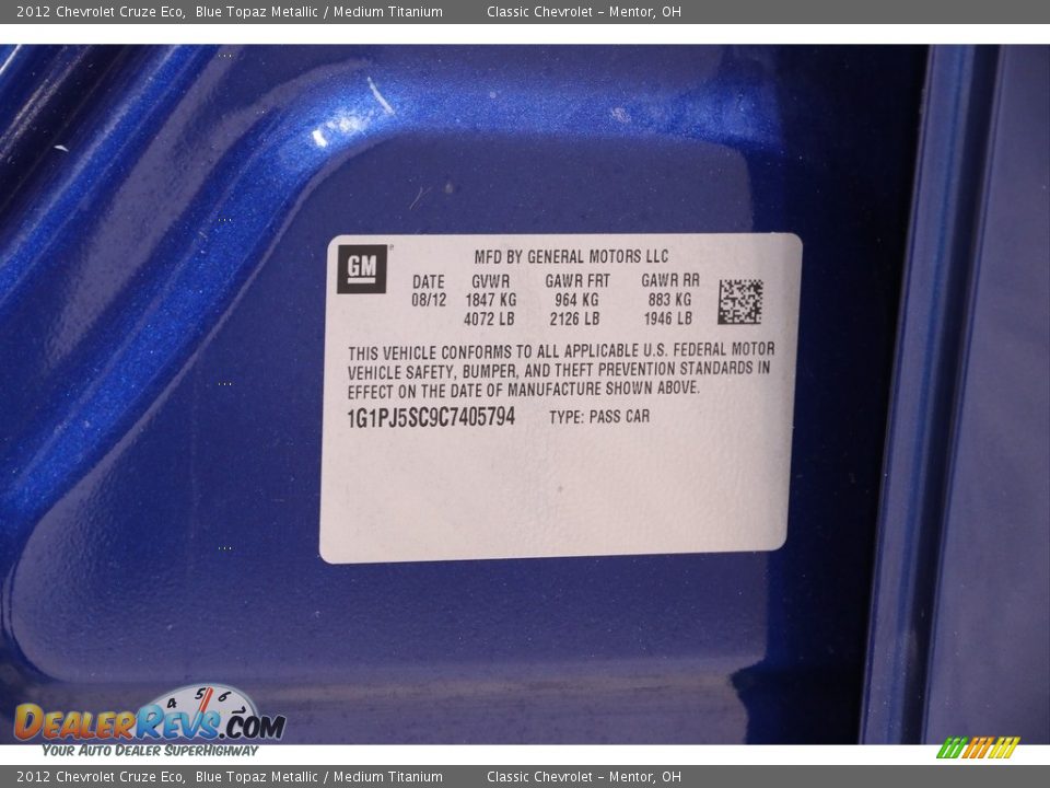2012 Chevrolet Cruze Eco Blue Topaz Metallic / Medium Titanium Photo #18