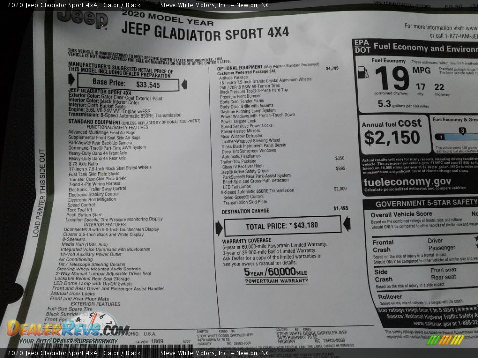 2020 Jeep Gladiator Sport 4x4 Window Sticker Photo #27