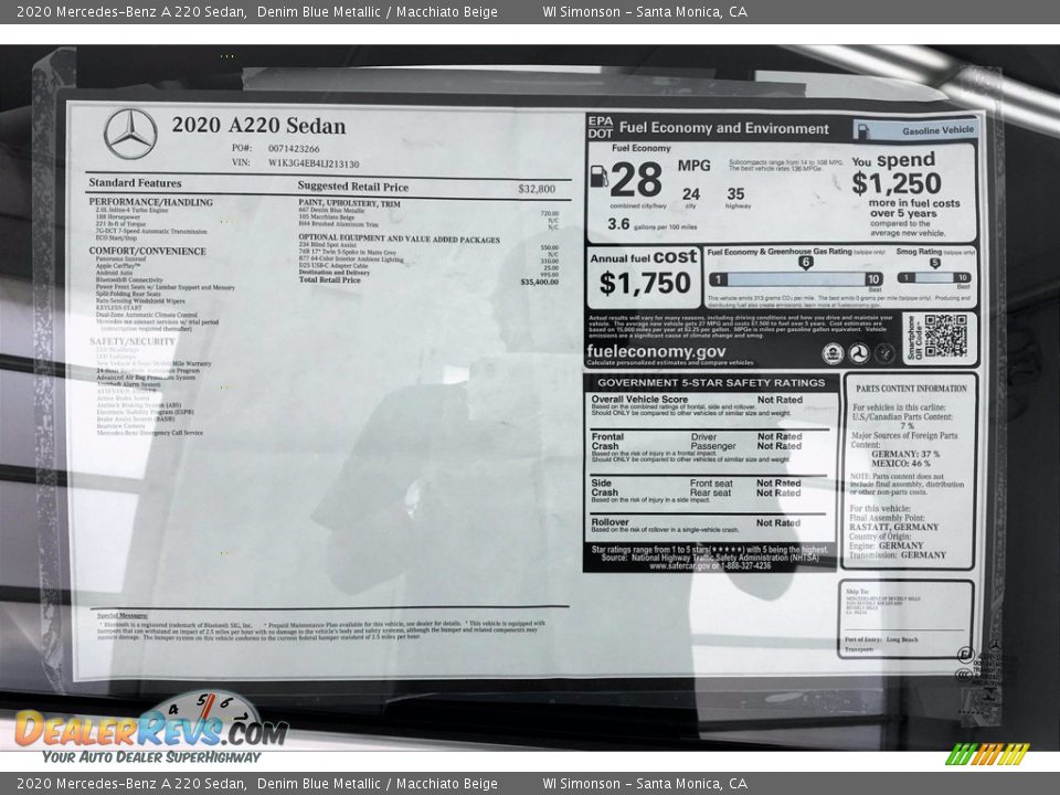 2020 Mercedes-Benz A 220 Sedan Window Sticker Photo #10