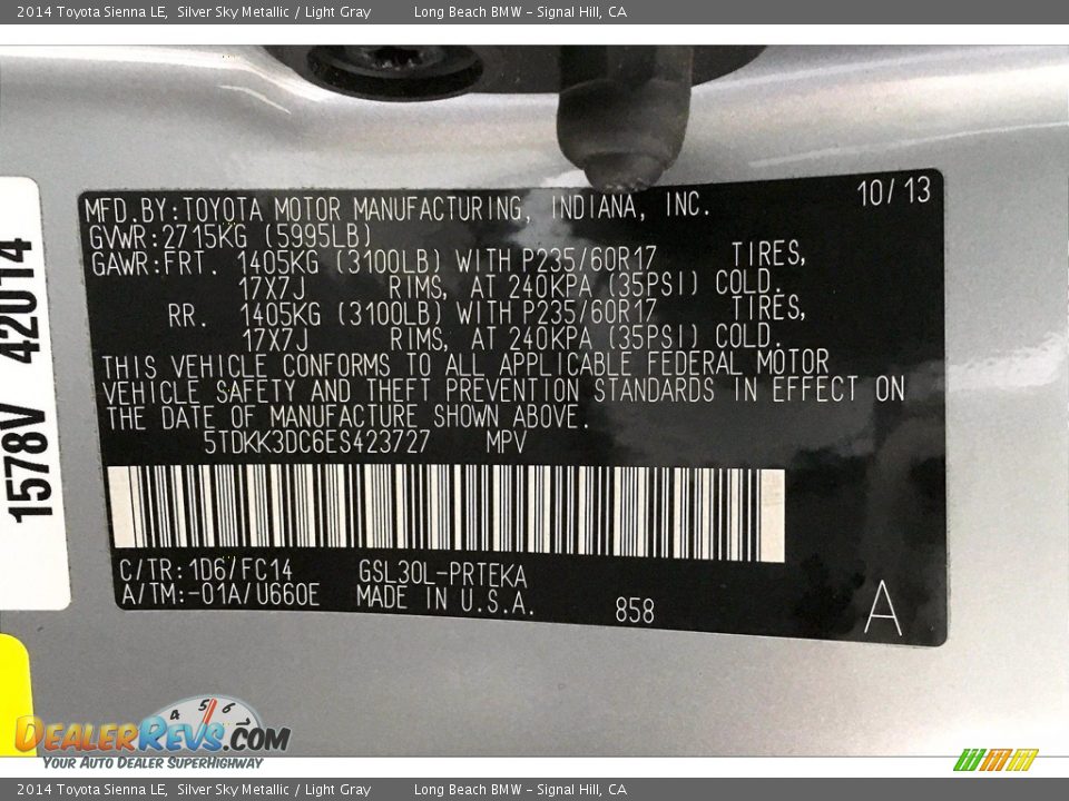 2014 Toyota Sienna LE Silver Sky Metallic / Light Gray Photo #36