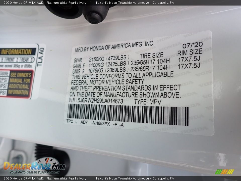 2020 Honda CR-V LX AWD Platinum White Pearl / Ivory Photo #13