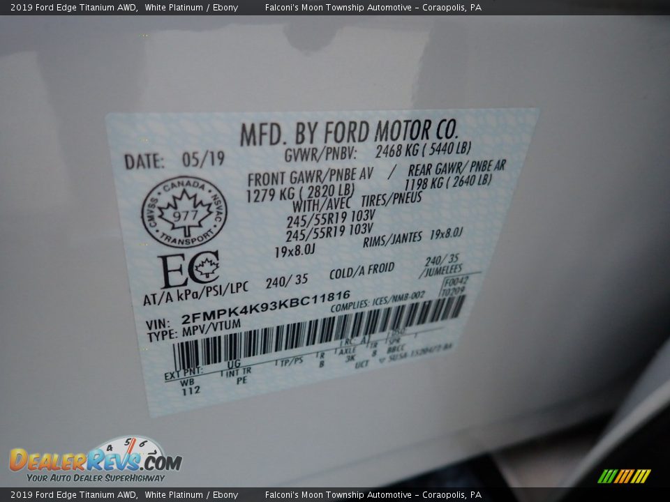 2019 Ford Edge Titanium AWD White Platinum / Ebony Photo #23