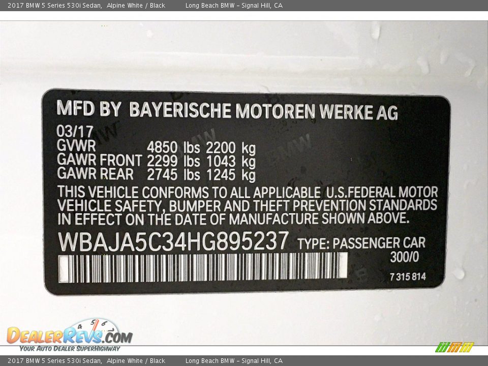 2017 BMW 5 Series 530i Sedan Alpine White / Black Photo #36