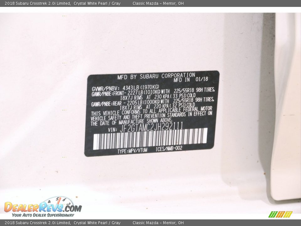 2018 Subaru Crosstrek 2.0i Limited Crystal White Pearl / Gray Photo #20