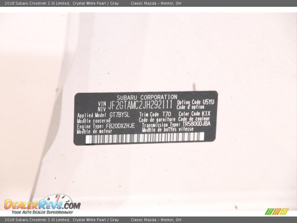 2018 Subaru Crosstrek 2.0i Limited Crystal White Pearl / Gray Photo #21