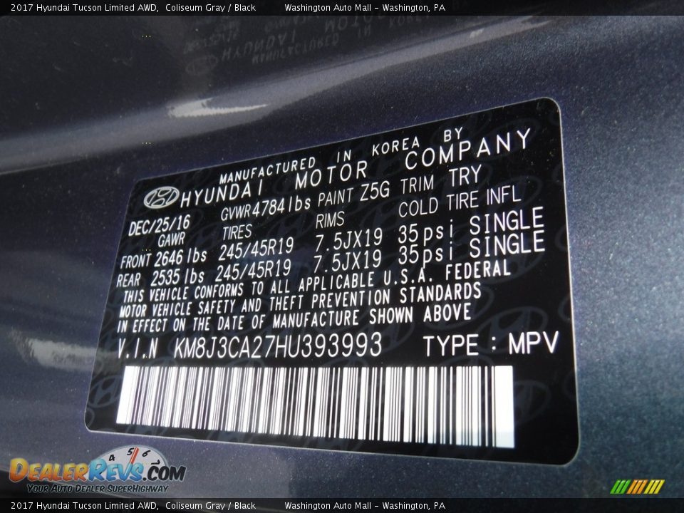 2017 Hyundai Tucson Limited AWD Coliseum Gray / Black Photo #27
