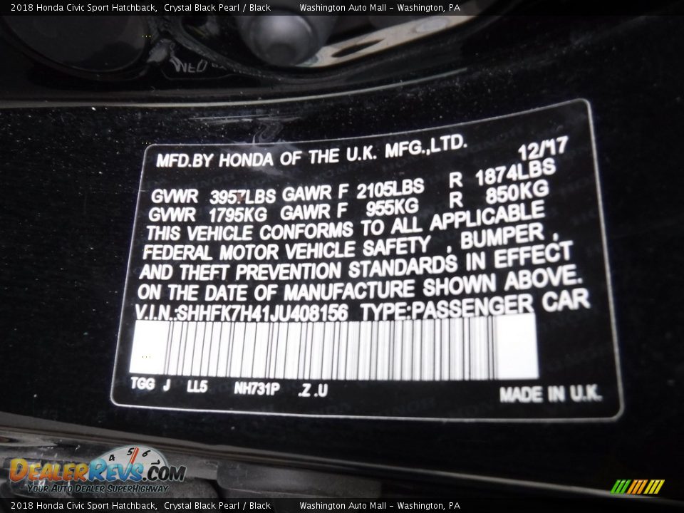 2018 Honda Civic Sport Hatchback Crystal Black Pearl / Black Photo #24