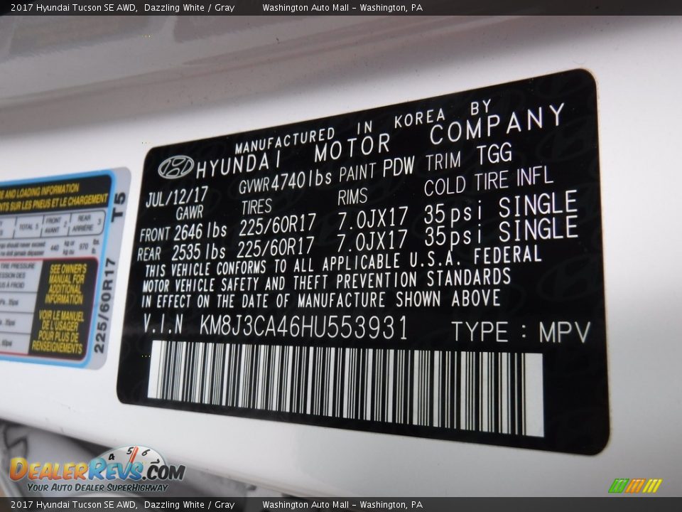 2017 Hyundai Tucson SE AWD Dazzling White / Gray Photo #27