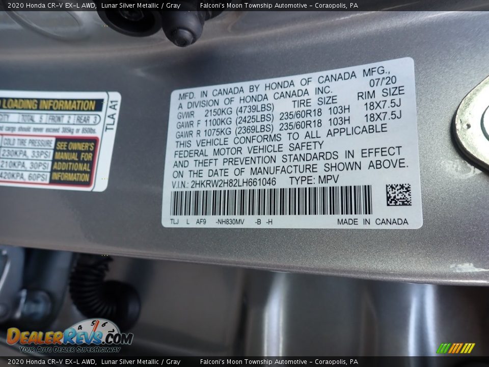 2020 Honda CR-V EX-L AWD Lunar Silver Metallic / Gray Photo #11