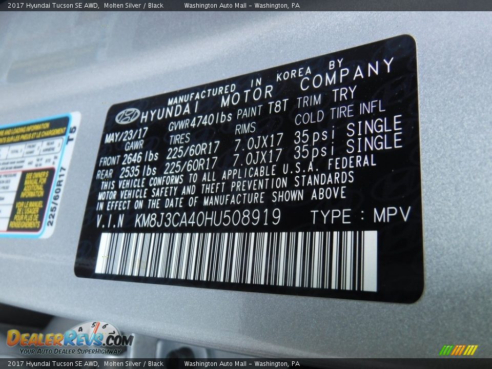 2017 Hyundai Tucson SE AWD Molten Silver / Black Photo #27