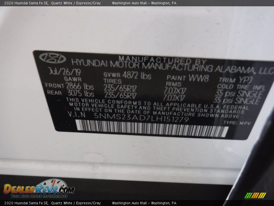 2020 Hyundai Santa Fe SE Quartz White / Espresso/Gray Photo #27