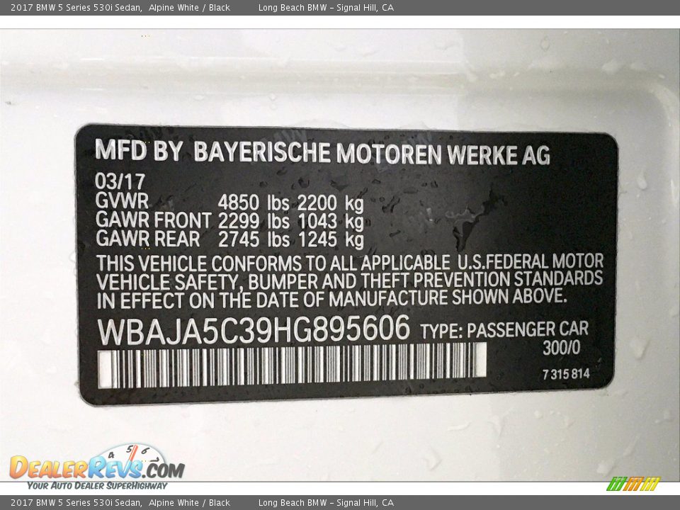 2017 BMW 5 Series 530i Sedan Alpine White / Black Photo #36