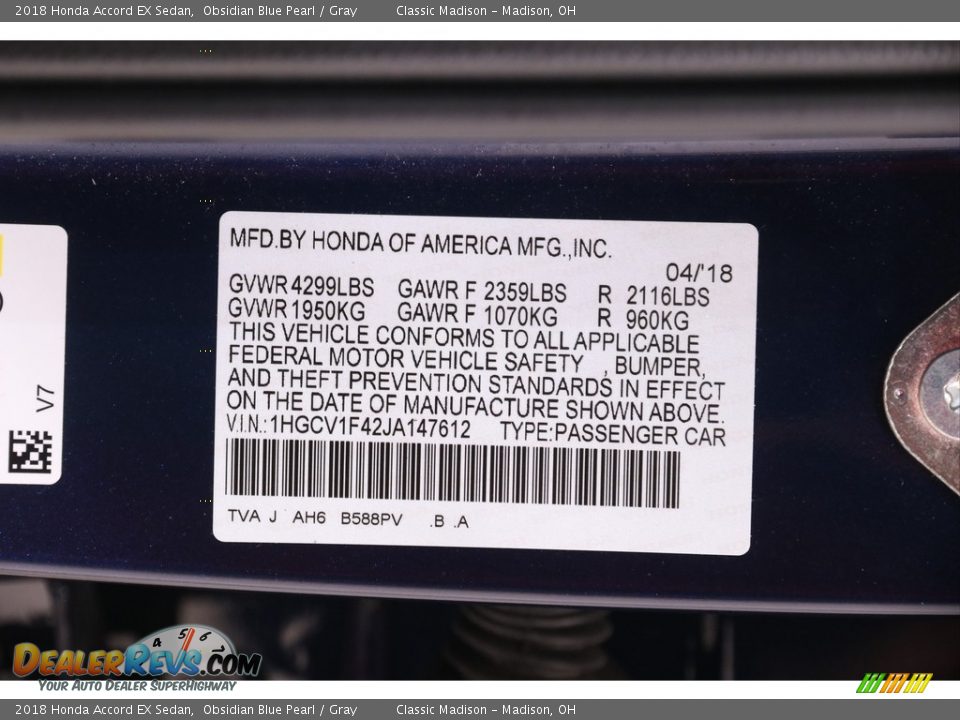 2018 Honda Accord EX Sedan Obsidian Blue Pearl / Gray Photo #21