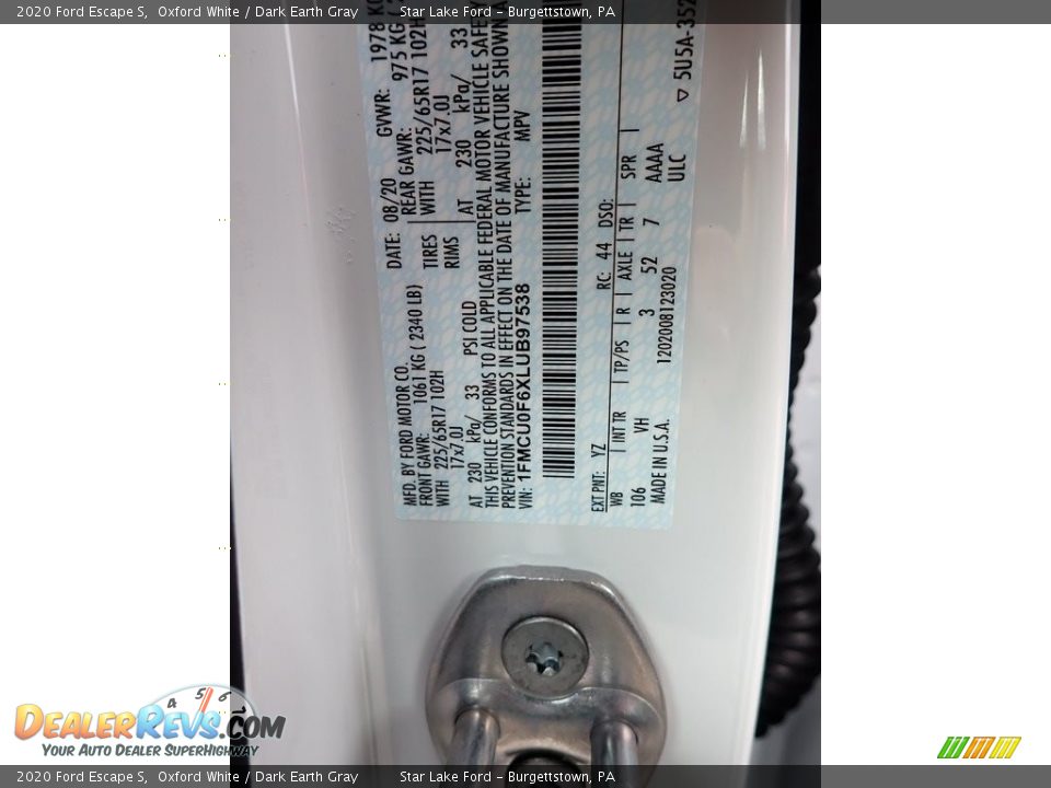 2020 Ford Escape S Oxford White / Dark Earth Gray Photo #14