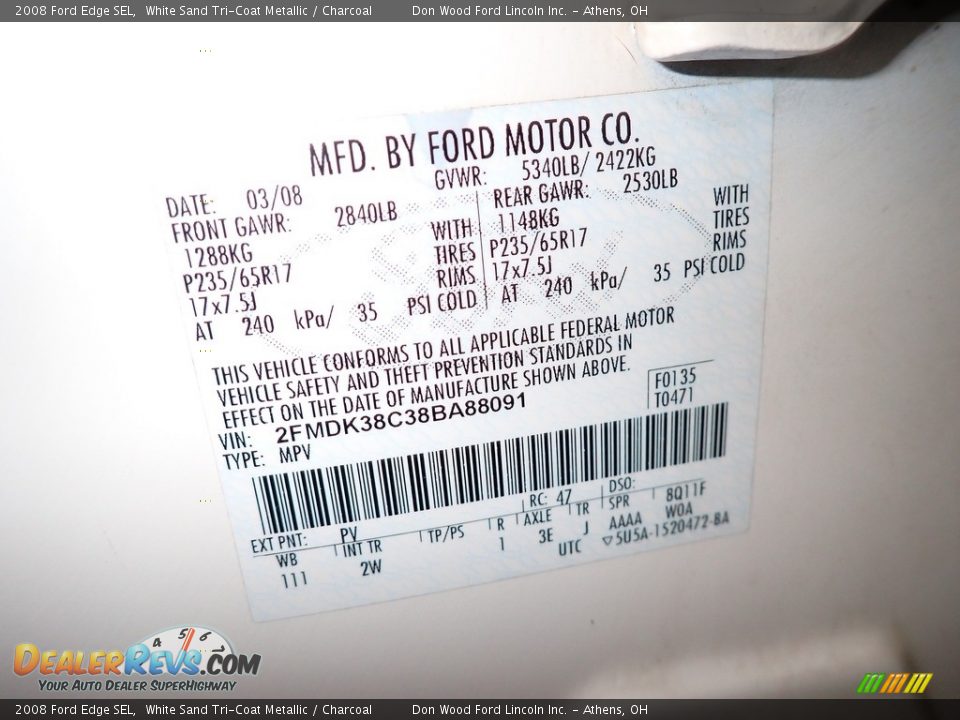 2008 Ford Edge SEL White Sand Tri-Coat Metallic / Charcoal Photo #33