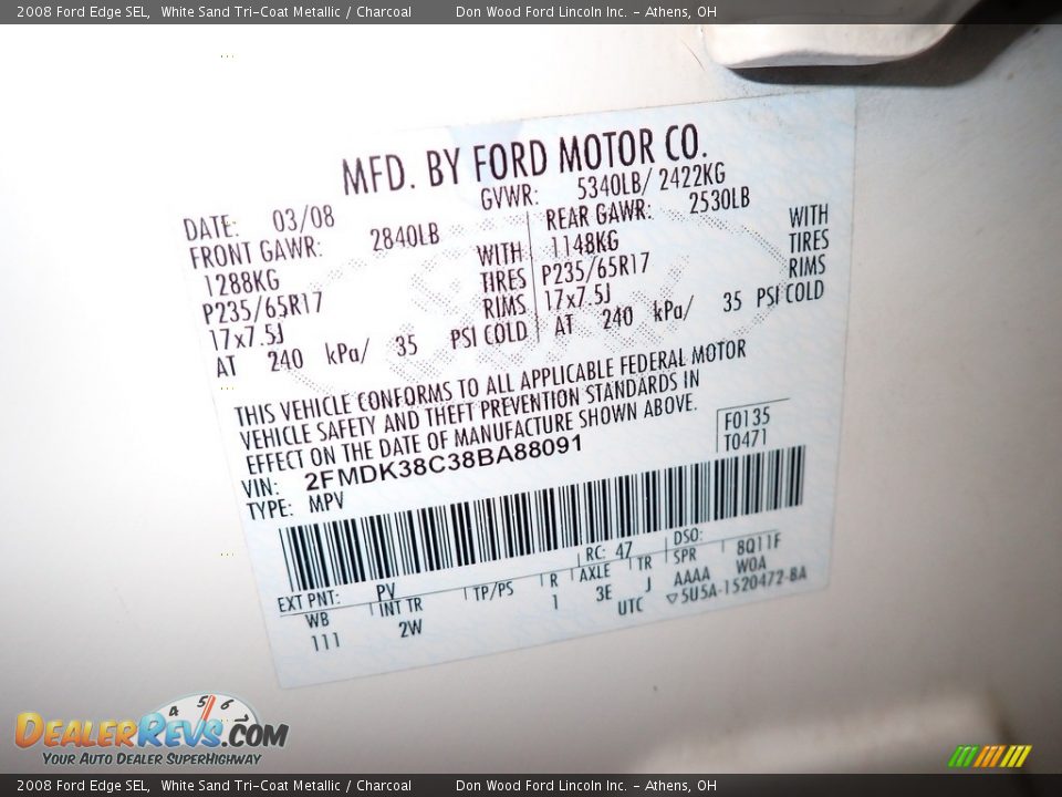 2008 Ford Edge SEL White Sand Tri-Coat Metallic / Charcoal Photo #33