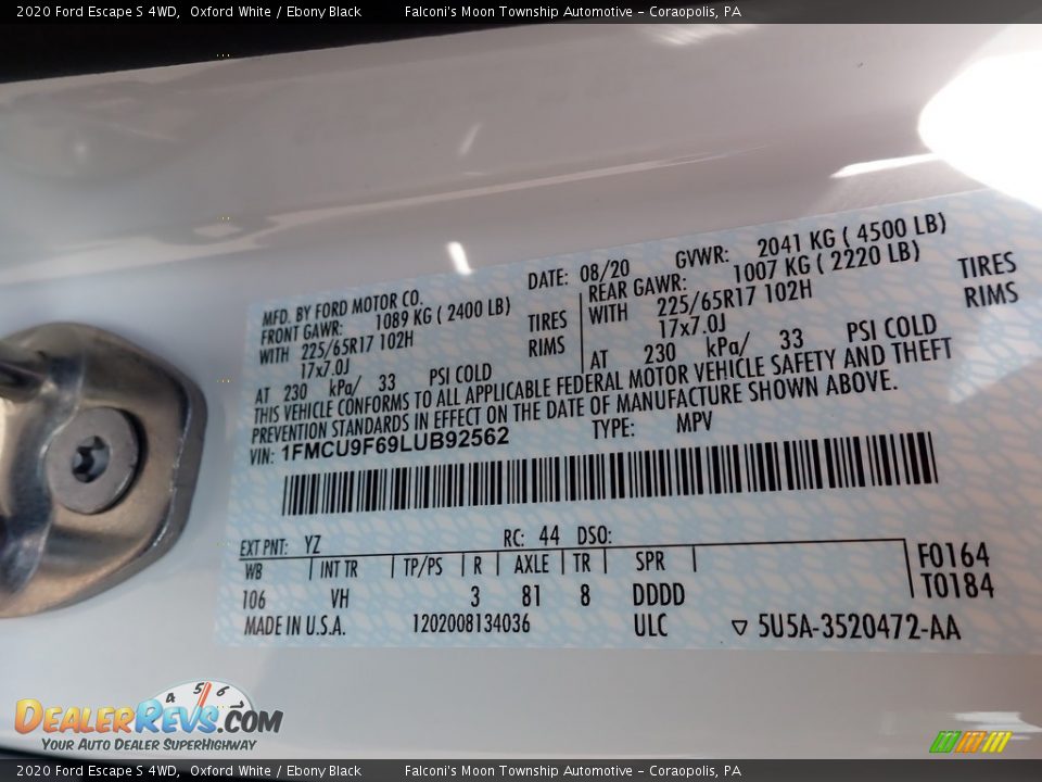 2020 Ford Escape S 4WD Oxford White / Ebony Black Photo #12