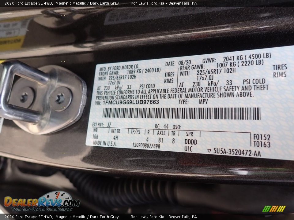2020 Ford Escape SE 4WD Magnetic Metallic / Dark Earth Gray Photo #14