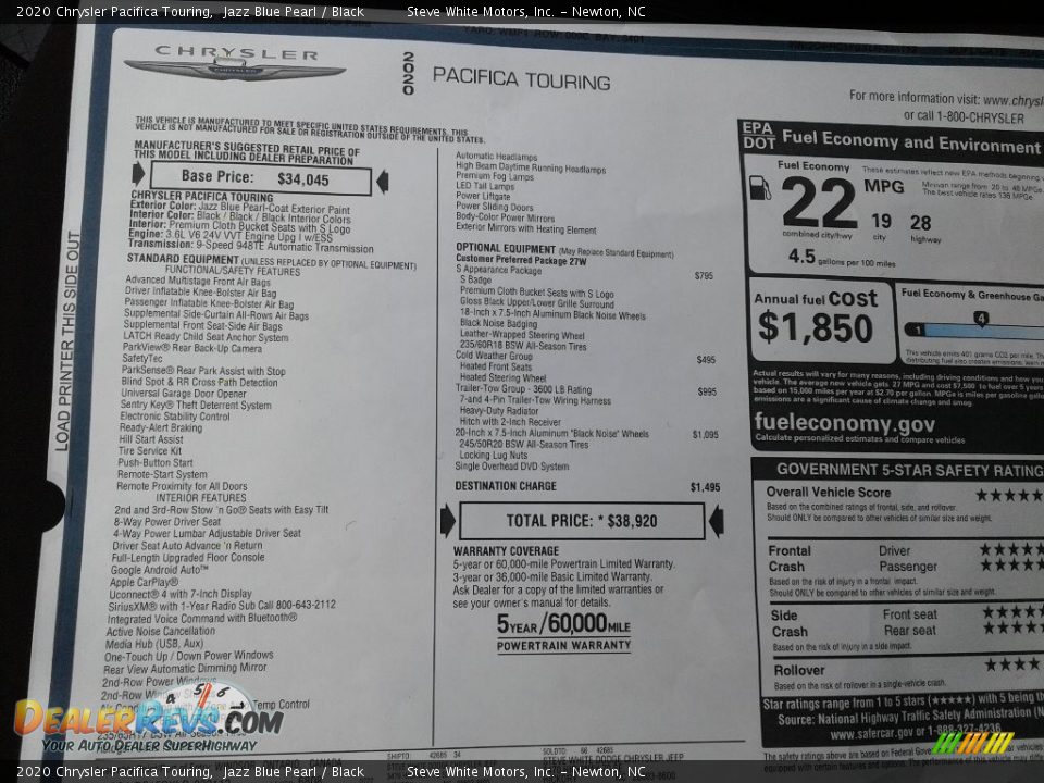2020 Chrysler Pacifica Touring Window Sticker Photo #29
