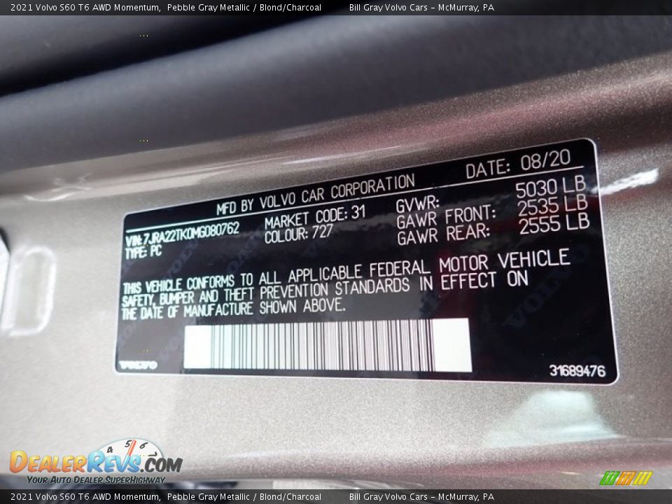 2021 Volvo S60 T6 AWD Momentum Pebble Gray Metallic / Blond/Charcoal Photo #11