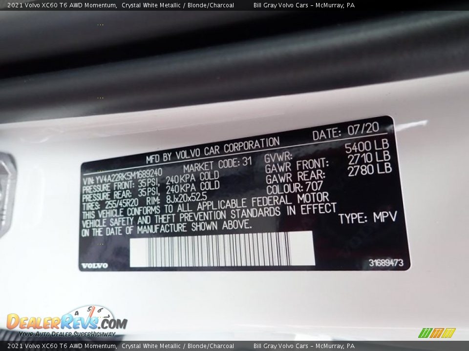 2021 Volvo XC60 T6 AWD Momentum Crystal White Metallic / Blonde/Charcoal Photo #11
