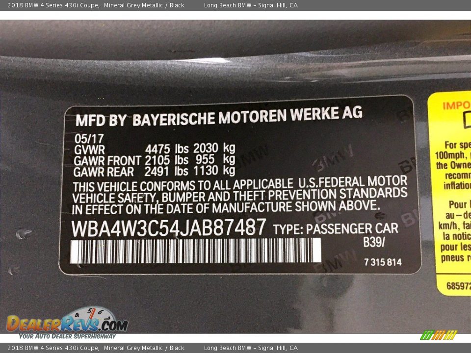 2018 BMW 4 Series 430i Coupe Mineral Grey Metallic / Black Photo #35