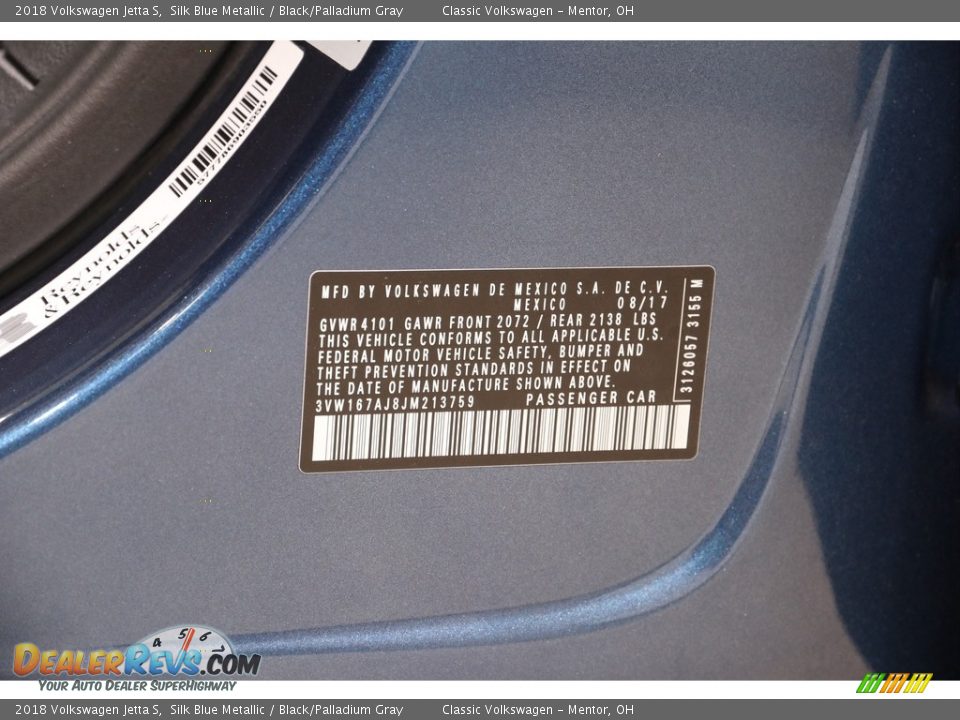 2018 Volkswagen Jetta S Silk Blue Metallic / Black/Palladium Gray Photo #18