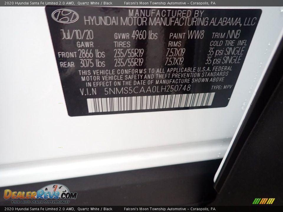 2020 Hyundai Santa Fe Limited 2.0 AWD Quartz White / Black Photo #12