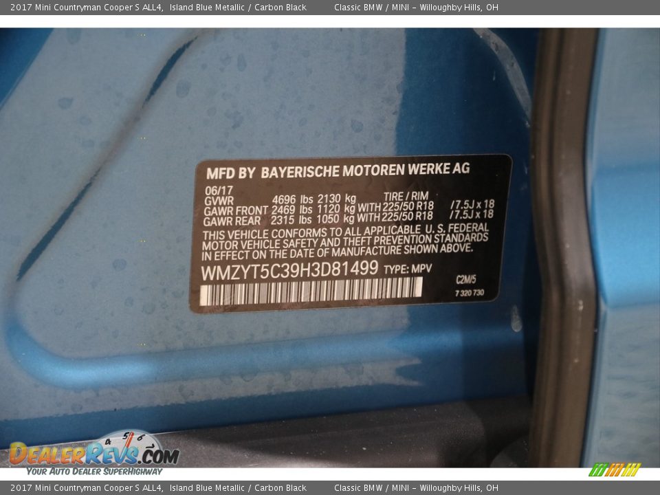 2017 Mini Countryman Cooper S ALL4 Island Blue Metallic / Carbon Black Photo #18