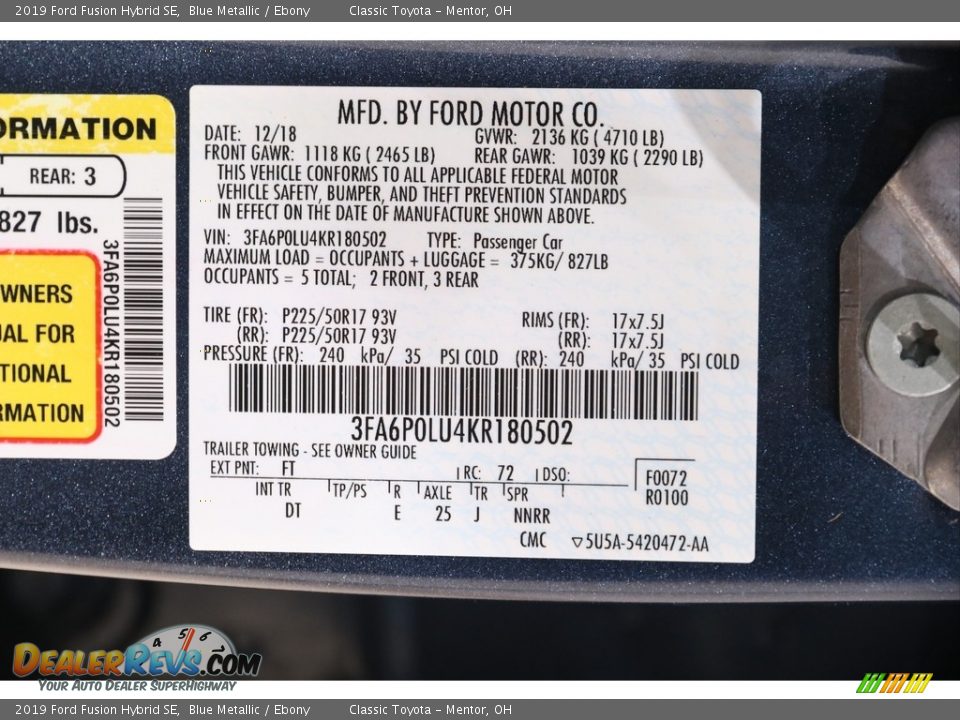 2019 Ford Fusion Hybrid SE Blue Metallic / Ebony Photo #21