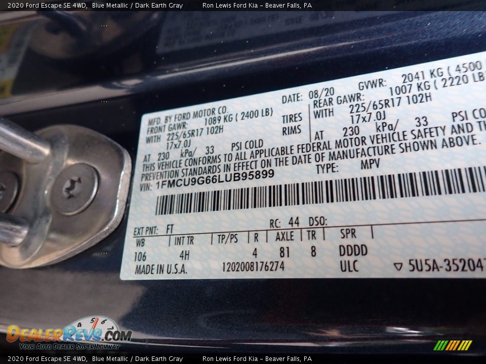 2020 Ford Escape SE 4WD Blue Metallic / Dark Earth Gray Photo #15