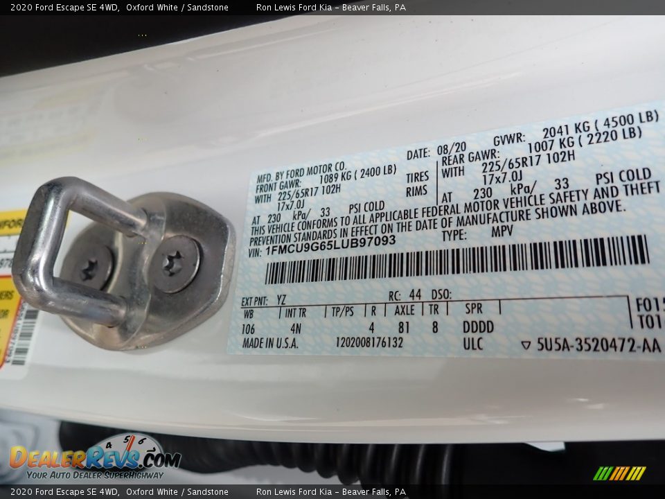 2020 Ford Escape SE 4WD Oxford White / Sandstone Photo #15