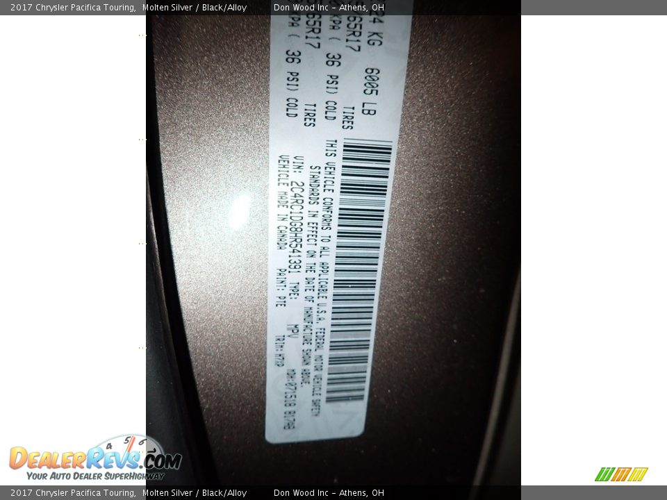 2017 Chrysler Pacifica Touring Molten Silver / Black/Alloy Photo #34