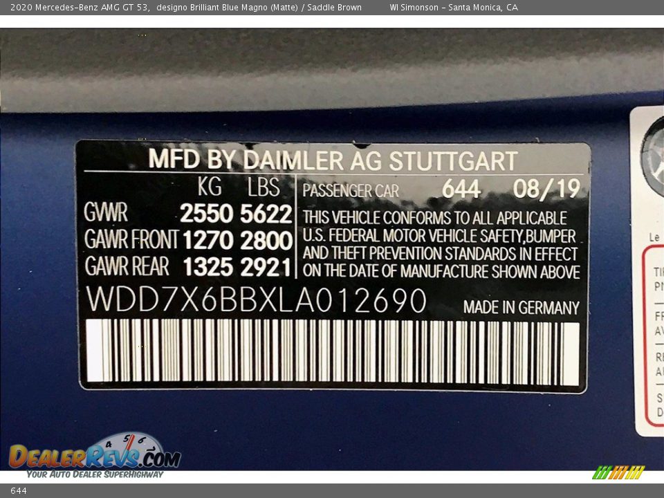 Mercedes-Benz Color Code 644 designo Brilliant Blue Magno (Matte)