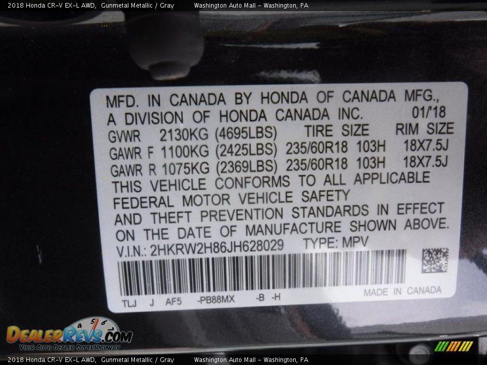 2018 Honda CR-V EX-L AWD Gunmetal Metallic / Gray Photo #29