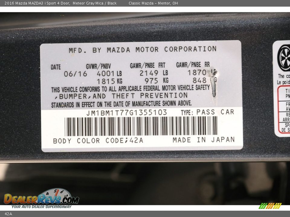 Mazda Color Code 42A Meteor Gray Mica