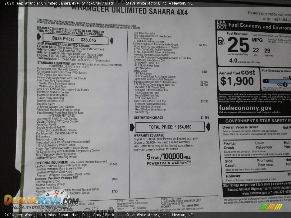 2020 Jeep Wrangler Unlimited Sahara 4x4 Window Sticker Photo #31