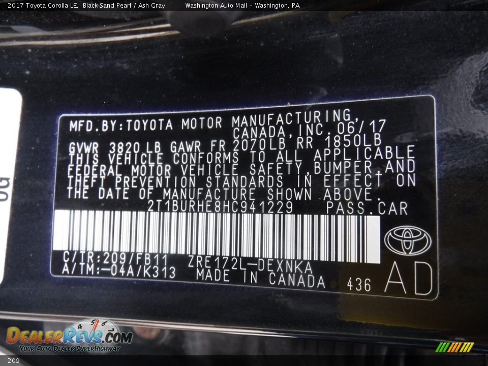 Toyota Color Code 209 Black Sand Pearl