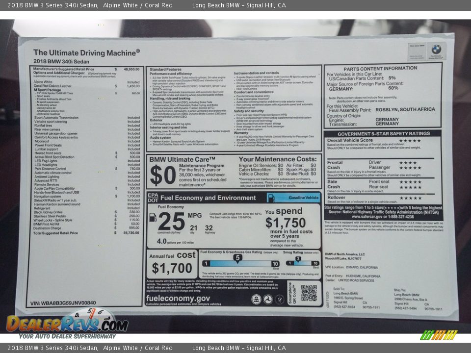 2018 BMW 3 Series 340i Sedan Alpine White / Coral Red Photo #10