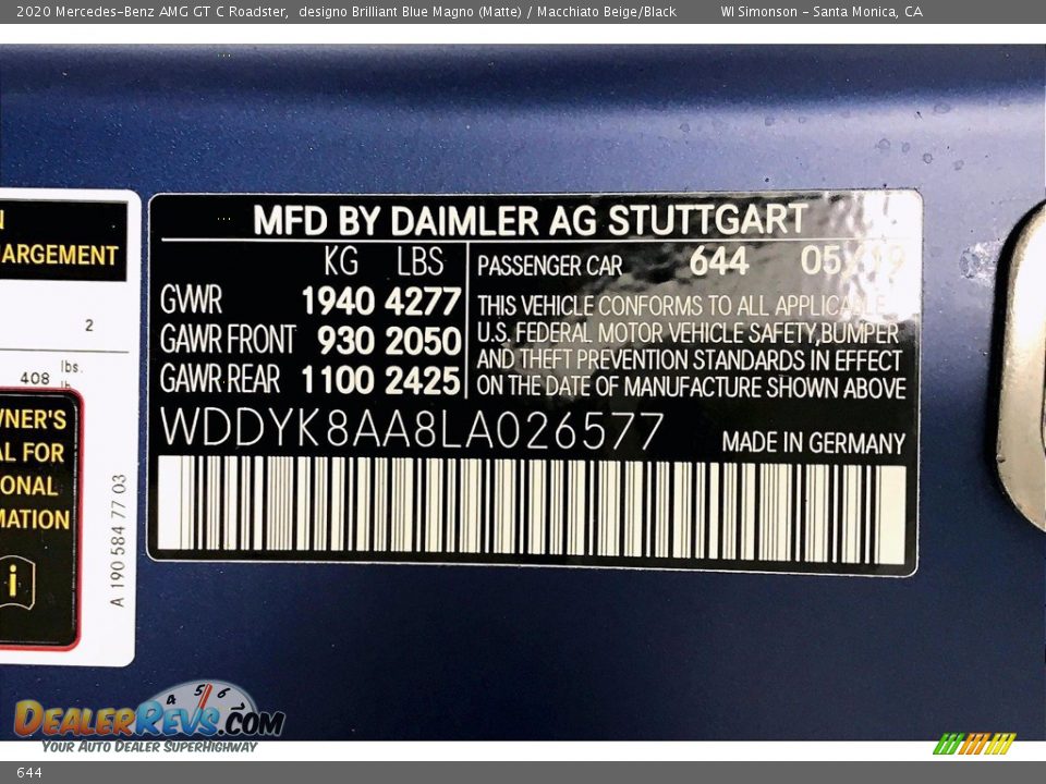 Mercedes-Benz Color Code 644 designo Brilliant Blue Magno (Matte)