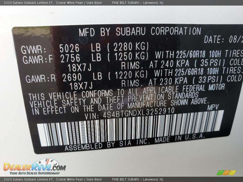 2020 Subaru Outback Limited XT Crystal White Pearl / Slate Black Photo #14