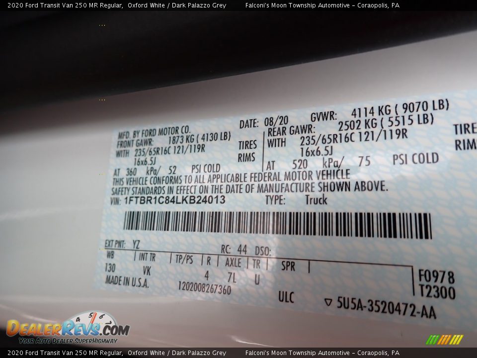 2020 Ford Transit Van 250 MR Regular Oxford White / Dark Palazzo Grey Photo #10